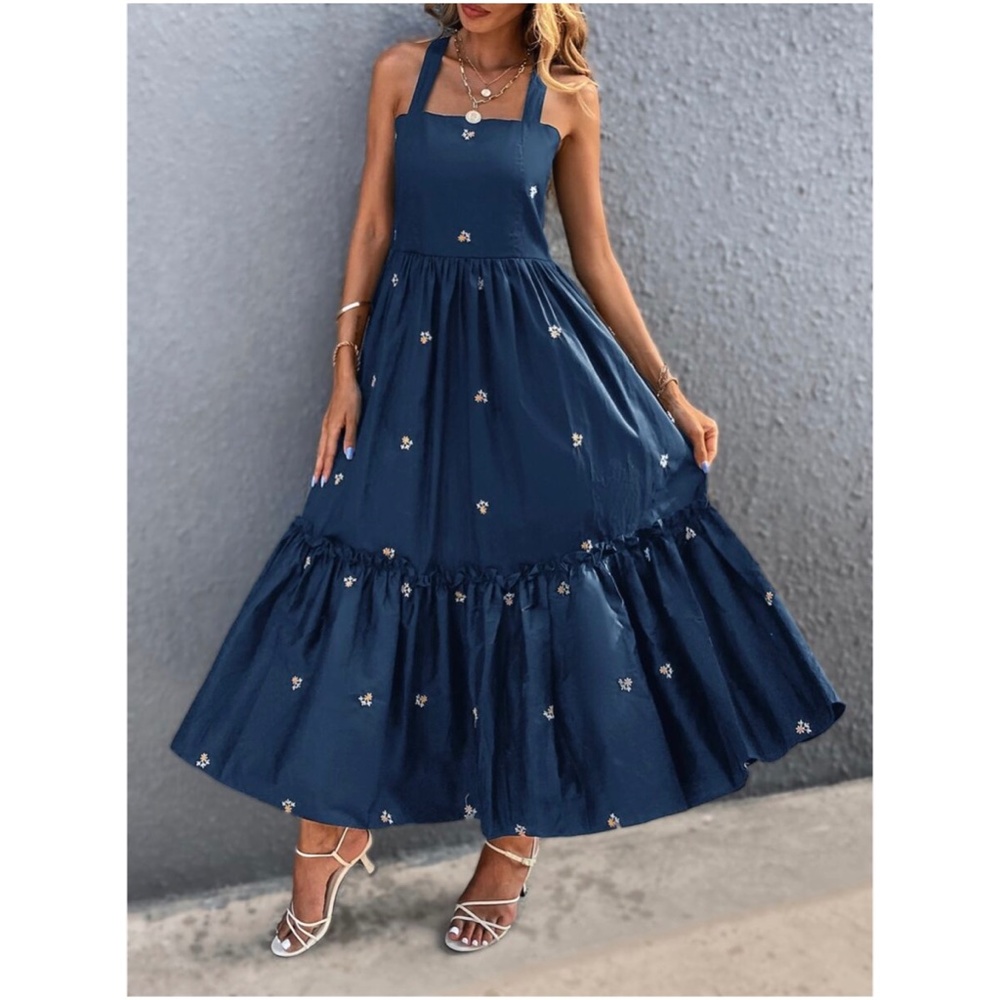 Boho Navy Blue Embroidered Floral Criss Cross Ruffle Dress - Picture 3 of 4